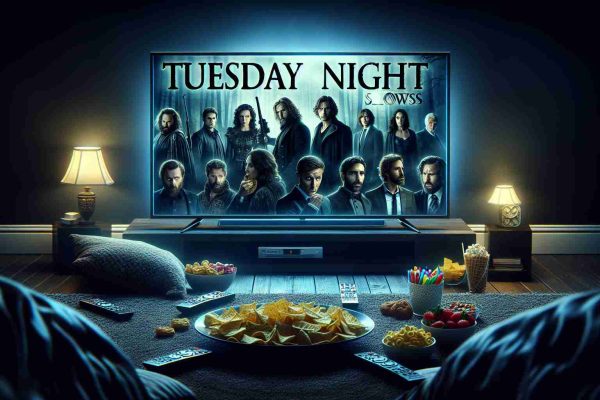 An ultra-high definition, realistic image that represents the excitement of Tuesday night television shows. The picture features a flat screen television playing the most suspenseful scenes from several different shows. The room is a cozy living room in the evening, softly illuminated by the glow of the TV. There are various snacks scattered around conveying the atmosphere of a movie night in.