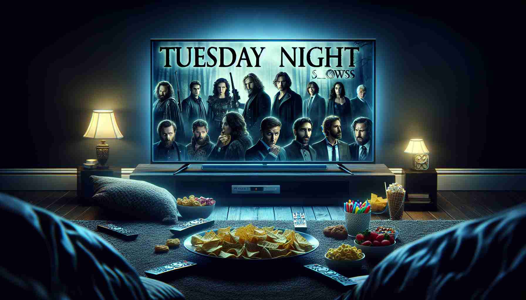 An ultra-high definition, realistic image that represents the excitement of Tuesday night television shows. The picture features a flat screen television playing the most suspenseful scenes from several different shows. The room is a cozy living room in the evening, softly illuminated by the glow of the TV. There are various snacks scattered around conveying the atmosphere of a movie night in.