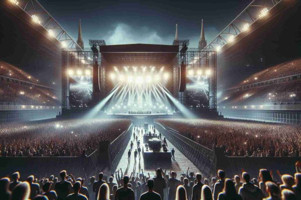 Create a realistic, high-definition image of a major pop concert taking place in Vienna. The stage should be grand, with high-tech audio, visual equipment, and a massive crowd of excited fans. It's an atmosphere of suspense as the performance is being threatened by potential cancellations.