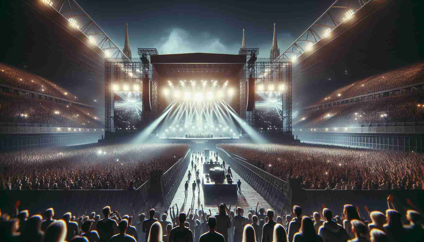 Create a realistic, high-definition image of a major pop concert taking place in Vienna. The stage should be grand, with high-tech audio, visual equipment, and a massive crowd of excited fans. It's an atmosphere of suspense as the performance is being threatened by potential cancellations.