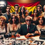 A high-definition, realistic image depicting the legacy of a famous Spanish film producer living on through his family. The photo should show a multigenerational family involved in various aspects of film production, such as script reading, directing, acting, and editing. Emphasize both the familial connection and the continuation of a passion for cinema. Remember to highlight Spanish cultural elements subtly in the background.