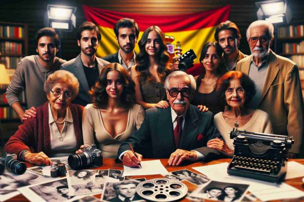 A high-definition, realistic image depicting the legacy of a famous Spanish film producer living on through his family. The photo should show a multigenerational family involved in various aspects of film production, such as script reading, directing, acting, and editing. Emphasize both the familial connection and the continuation of a passion for cinema. Remember to highlight Spanish cultural elements subtly in the background.