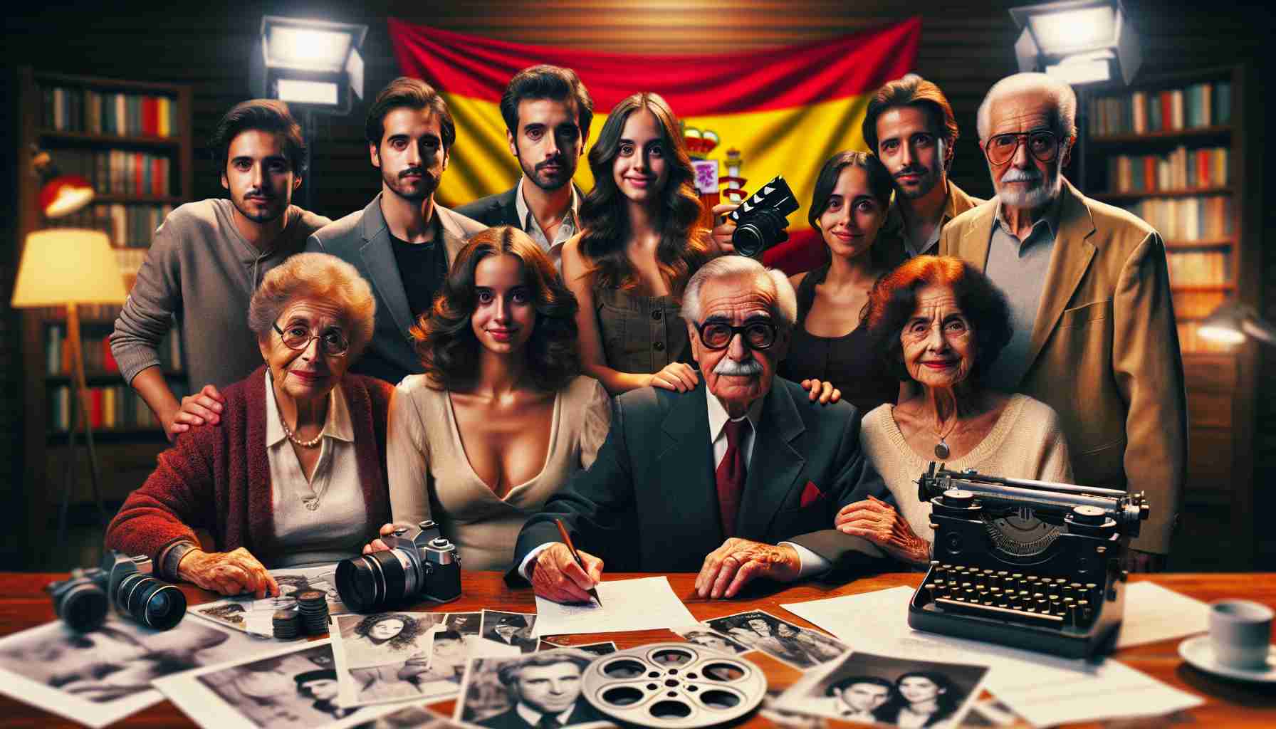 A high-definition, realistic image depicting the legacy of a famous Spanish film producer living on through his family. The photo should show a multigenerational family involved in various aspects of film production, such as script reading, directing, acting, and editing. Emphasize both the familial connection and the continuation of a passion for cinema. Remember to highlight Spanish cultural elements subtly in the background.