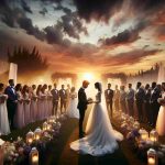 High-definition image of a magical wedding celebration at sunset. Picture the scene as a Caucasian groom and a Hispanic bride exchange vows under the soft, warm glow of the setting sun. They're surrounded by an elegantly styled outdoor reception, with string lights twinkling in the background. The wedding party, consisting of Black, Middle-Eastern, South Asian and White men and women, stands in respectful silence, their faces illuminated by the ethereal light. The evening sky above is a beautiful blend of oranges and purples, providing a breathtaking backdrop to a wedding filled with love and joy.