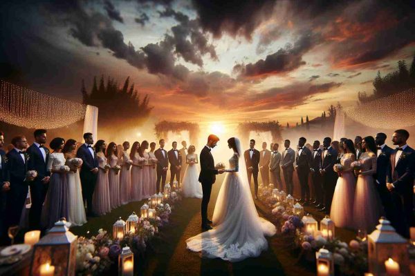 High-definition image of a magical wedding celebration at sunset. Picture the scene as a Caucasian groom and a Hispanic bride exchange vows under the soft, warm glow of the setting sun. They're surrounded by an elegantly styled outdoor reception, with string lights twinkling in the background. The wedding party, consisting of Black, Middle-Eastern, South Asian and White men and women, stands in respectful silence, their faces illuminated by the ethereal light. The evening sky above is a beautiful blend of oranges and purples, providing a breathtaking backdrop to a wedding filled with love and joy.