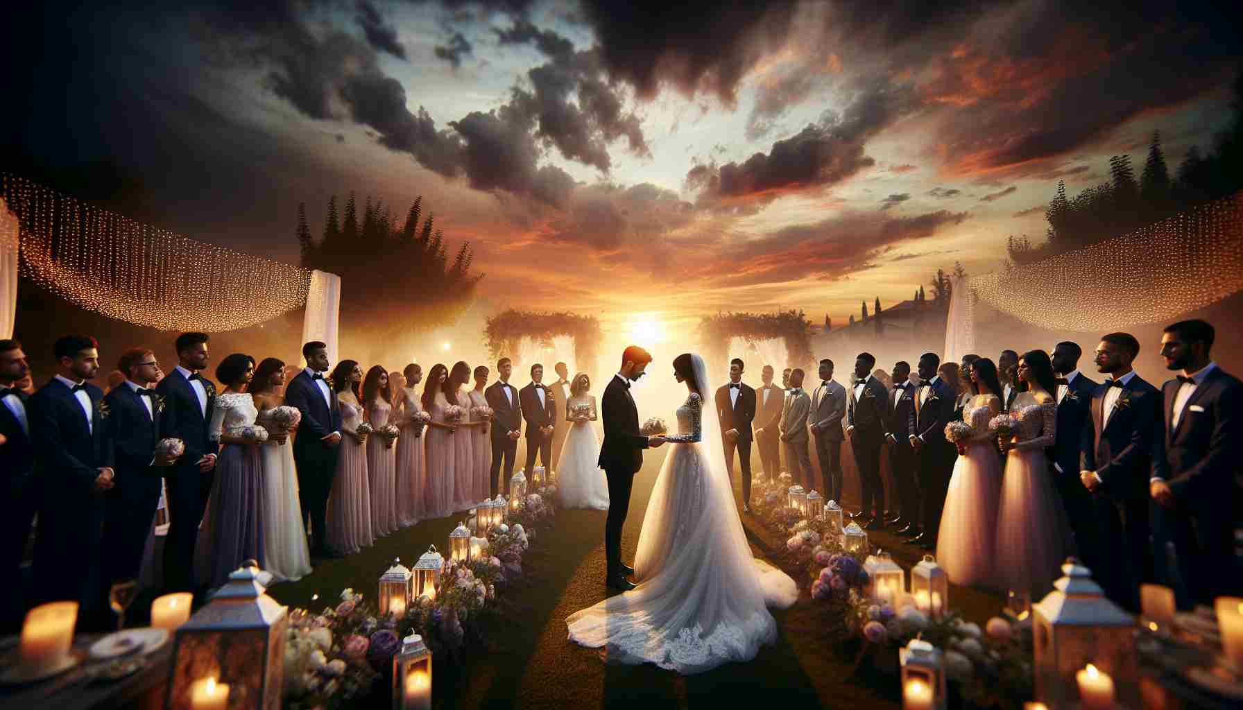 High-definition image of a magical wedding celebration at sunset. Picture the scene as a Caucasian groom and a Hispanic bride exchange vows under the soft, warm glow of the setting sun. They're surrounded by an elegantly styled outdoor reception, with string lights twinkling in the background. The wedding party, consisting of Black, Middle-Eastern, South Asian and White men and women, stands in respectful silence, their faces illuminated by the ethereal light. The evening sky above is a beautiful blend of oranges and purples, providing a breathtaking backdrop to a wedding filled with love and joy.