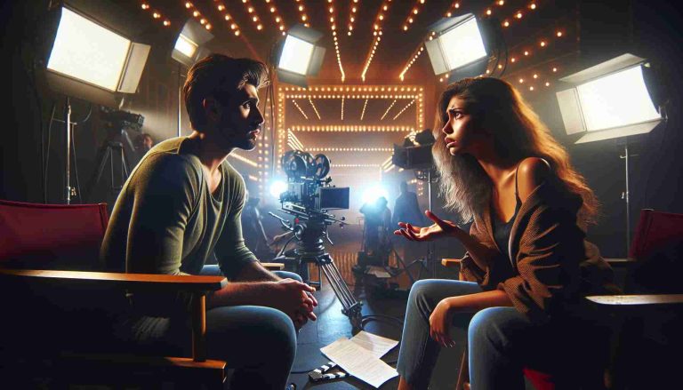 Produce a realistic high-definition image of an unraveling Hollywood love story. Illustrate this scene with two actors sitting on a movie set, enwrapped in emotions. The female actor is of Hispanic descent, her face illuminated by vibrant stage lights, speaking passionately to her co-actor. The male actor, of Middle Eastern descent, has an intense gaze, and he's responding calmly. The set around them is typical Hollywood glamour: adorned shooting equipment, cameras, and spotlights. A script lies forgotten nearby, symbolic of the real emotions taking over the staged scene. Let the tension and chemistry between them hint at their love story coming undone.