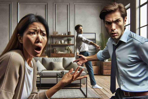 Create a realistic, high-definition image depicting an emotional reunion suddenly taking a turn for an explosive confrontation. The scene includes two individuals in the middle of a room with mixed reactions. The first person, a middle-aged East Asian woman, projects a look of surprise and shock. The second person, a Caucasian middle-aged man has a confrontational expression with his hand pointing accusingly. The room is tensely lit with the furniture and decor showing signs of a hasty entrance or sudden upset.