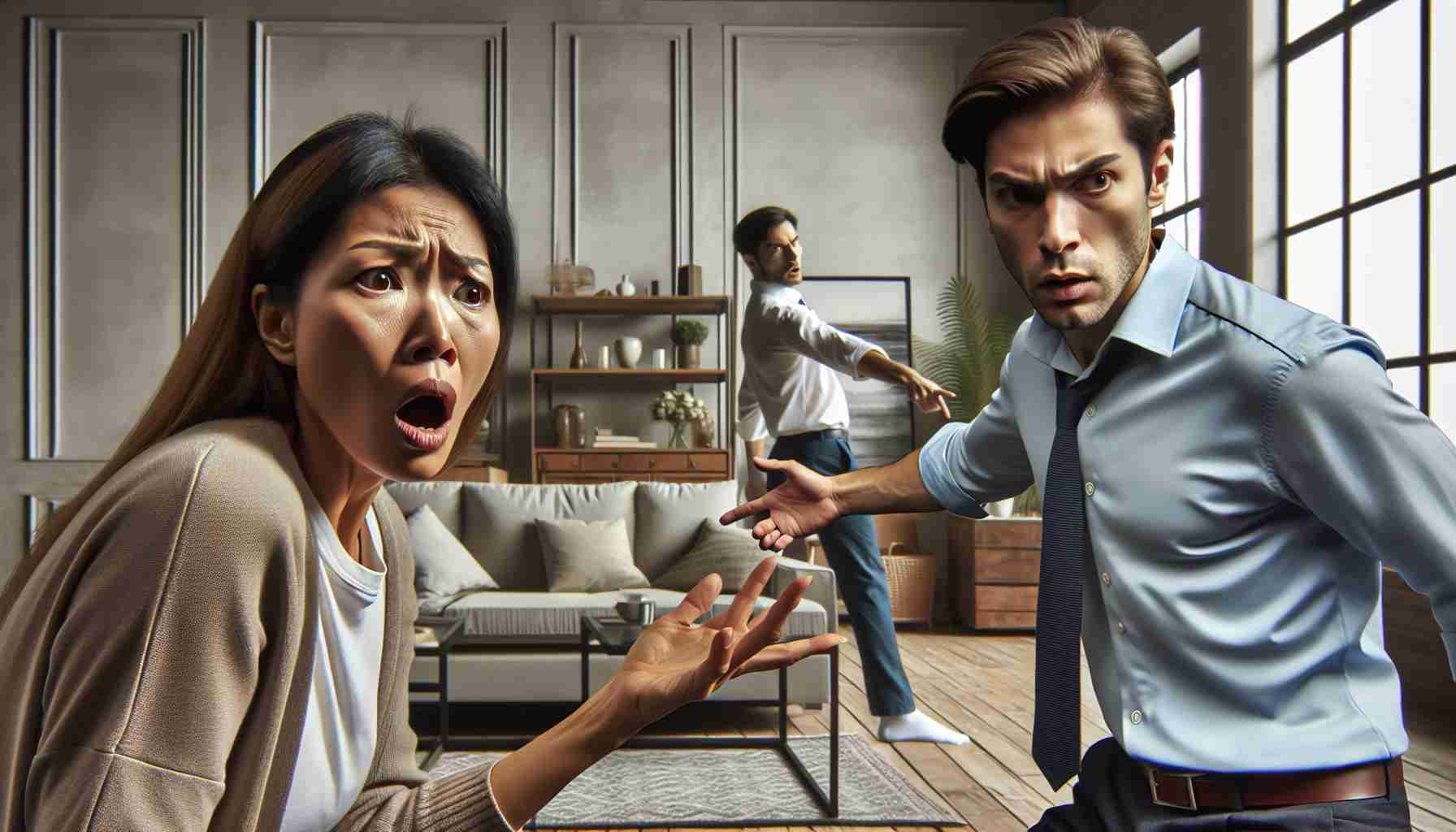 Create a realistic, high-definition image depicting an emotional reunion suddenly taking a turn for an explosive confrontation. The scene includes two individuals in the middle of a room with mixed reactions. The first person, a middle-aged East Asian woman, projects a look of surprise and shock. The second person, a Caucasian middle-aged man has a confrontational expression with his hand pointing accusingly. The room is tensely lit with the furniture and decor showing signs of a hasty entrance or sudden upset.