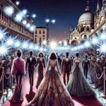 Create a realistic illustration of elegant characters, unidentifiable yet radiating star-like charisma, making their grand entrance on the red carpet event of a prestigious international film festival. Capture the essence of an international, high-profile cinematic event set in a beautiful city renowned for its unique canals and romantic gondolas. Document the wardrobe of the characters featuring the latest fashion trends of 2024 with a backdrop of flashing camera lights, massive crowds of admirers, and beautiful architectural elements. Note the lavishness and grandeur inherent in such events.