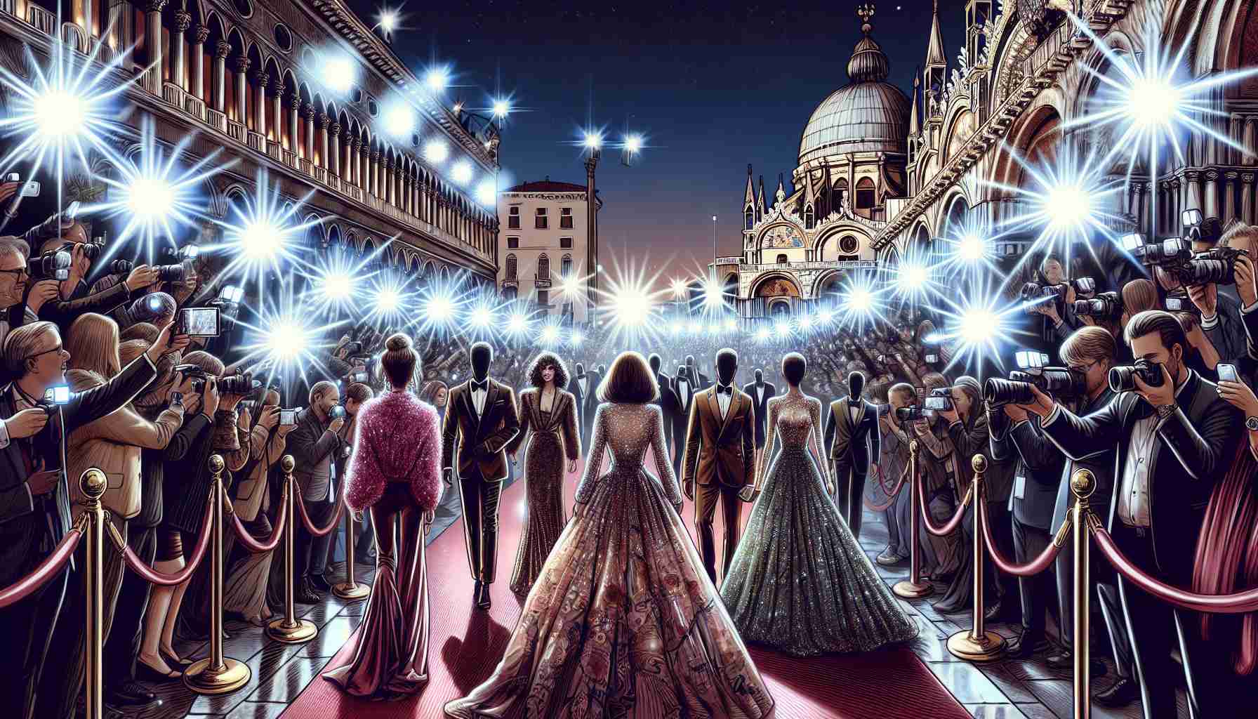 Create a realistic illustration of elegant characters, unidentifiable yet radiating star-like charisma, making their grand entrance on the red carpet event of a prestigious international film festival. Capture the essence of an international, high-profile cinematic event set in a beautiful city renowned for its unique canals and romantic gondolas. Document the wardrobe of the characters featuring the latest fashion trends of 2024 with a backdrop of flashing camera lights, massive crowds of admirers, and beautiful architectural elements. Note the lavishness and grandeur inherent in such events.