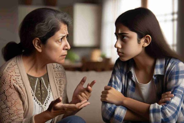 Depict a high-definition, realistic scene representing family tension. Center the image around a Hispanic mother and a Middle-Eastern daughter in an intense conversation. The mother's worried expression contrasts with the daughter's defiant stance. Their interpersonal struggle should be visible through body language and facial expressions, within a domestic setting, perhaps a living room or kitchen.