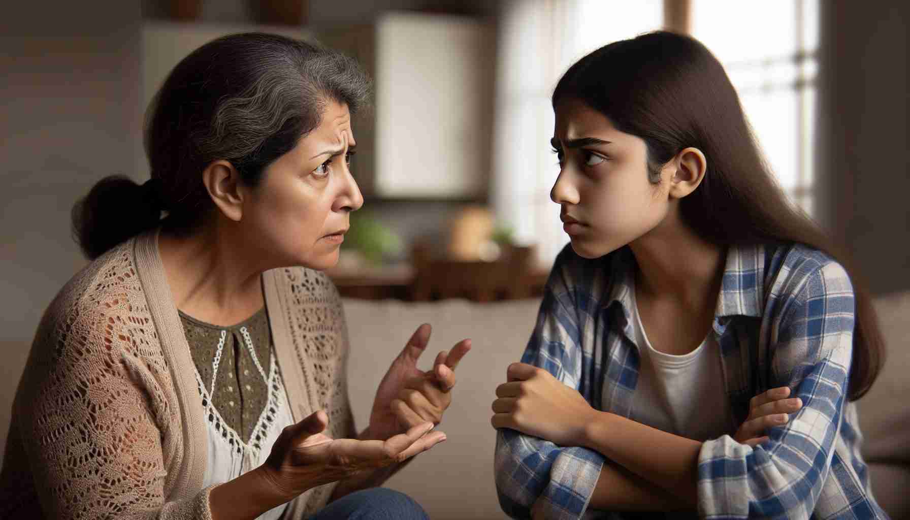 Depict a high-definition, realistic scene representing family tension. Center the image around a Hispanic mother and a Middle-Eastern daughter in an intense conversation. The mother's worried expression contrasts with the daughter's defiant stance. Their interpersonal struggle should be visible through body language and facial expressions, within a domestic setting, perhaps a living room or kitchen.