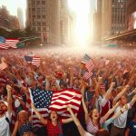 A high-definition photo depict scenes of immense support and excitement for Team USA after their exceptional performance at the Olympics. Imagine crowds waving the American flag, euphoria on people's faces, and a general atmosphere of national pride. The people in the picture should be diverse in terms of gender and descent, and the setting could be an urban public space, such as a park or city street.