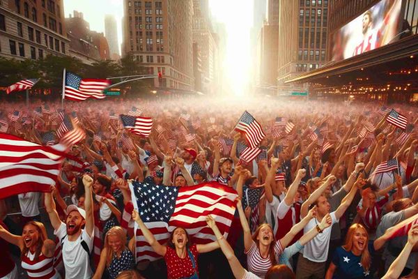 A high-definition photo depict scenes of immense support and excitement for Team USA after their exceptional performance at the Olympics. Imagine crowds waving the American flag, euphoria on people's faces, and a general atmosphere of national pride. The people in the picture should be diverse in terms of gender and descent, and the setting could be an urban public space, such as a park or city street.