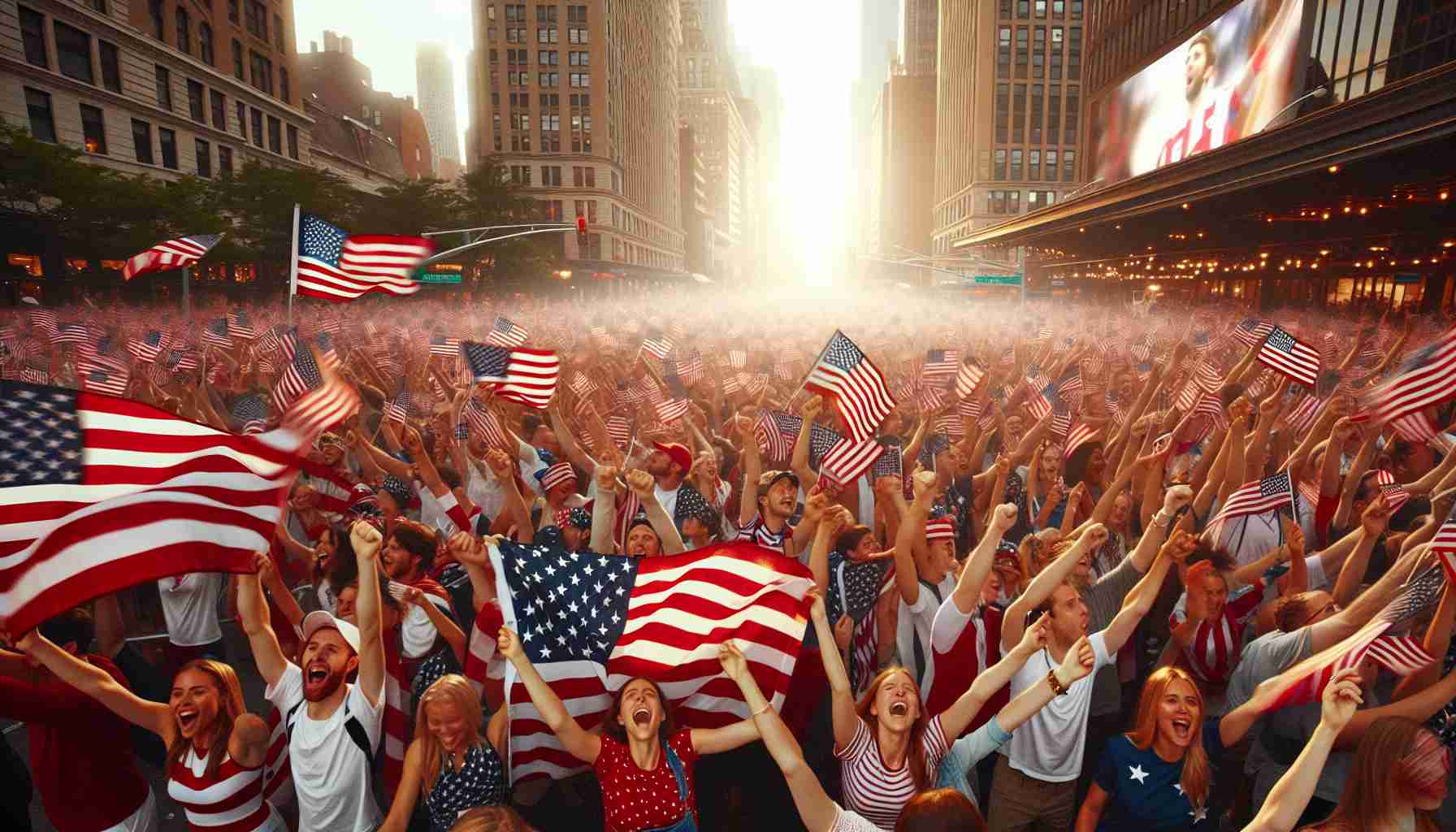 A high-definition photo depict scenes of immense support and excitement for Team USA after their exceptional performance at the Olympics. Imagine crowds waving the American flag, euphoria on people's faces, and a general atmosphere of national pride. The people in the picture should be diverse in terms of gender and descent, and the setting could be an urban public space, such as a park or city street.