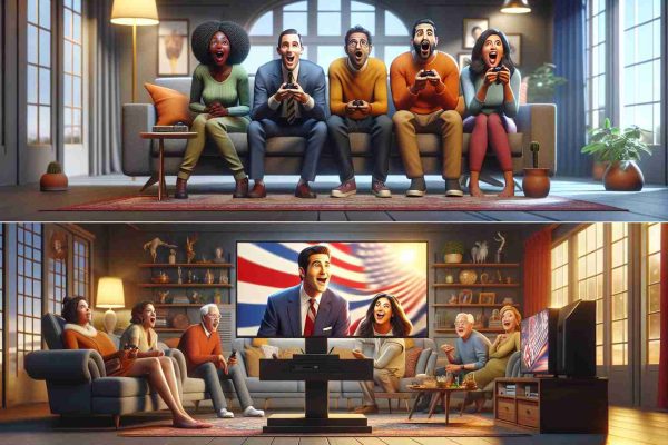 Create a high-definition, realistic image depicting a scene where people of diverse descents and genders (for instance, a South Asian male, a Hispanic female, a Middle-Eastern male, and a Caucasian female) are avidly watching an exciting new primetime show on television in their respective homes. Each person is sitting comfortably in their living room, immersed in the show with various expressions of excitement, surprise, and interest on their faces. Their rooms are warmly lit, reflecting the colors from the TV screen, and creating an inviting atmosphere. The design of the room, including furniture, decor, and the television, indicate that it's a contemporary setup.