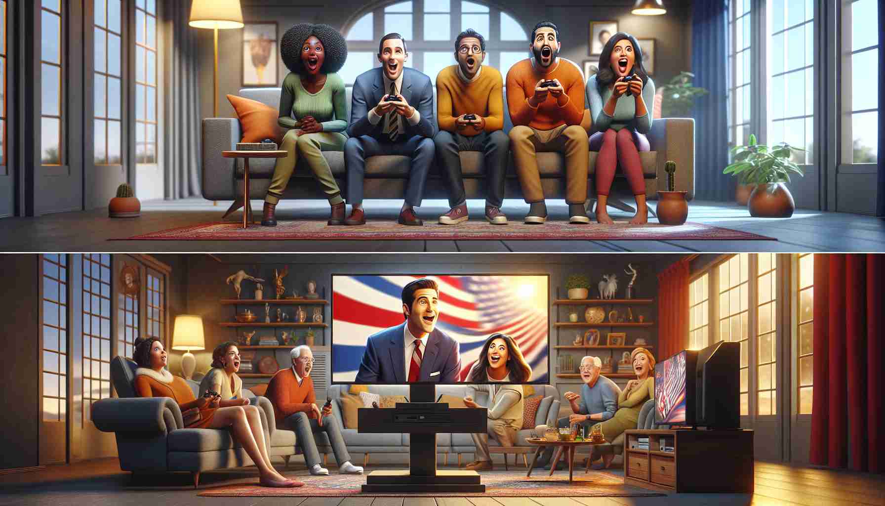 Create a high-definition, realistic image depicting a scene where people of diverse descents and genders (for instance, a South Asian male, a Hispanic female, a Middle-Eastern male, and a Caucasian female) are avidly watching an exciting new primetime show on television in their respective homes. Each person is sitting comfortably in their living room, immersed in the show with various expressions of excitement, surprise, and interest on their faces. Their rooms are warmly lit, reflecting the colors from the TV screen, and creating an inviting atmosphere. The design of the room, including furniture, decor, and the television, indicate that it's a contemporary setup.