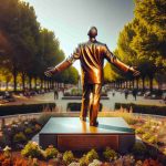 An ultra high definition image of a symbolic representation to honor a renowned social influence. The image features a bronze statue placed in the center of a public park. The figure symbolizes strides in social movements, leadership, and inspirational values. It stands tall, arms outstretched, gazing into the distance towards a happier, more equitable world. The earthy color of the bronze shines under the warm sun, surrounded by vibrant greenery and flowers, inspiring people passing by. The image speaks of respect, reverence, and admiration for the social change this figure represents.