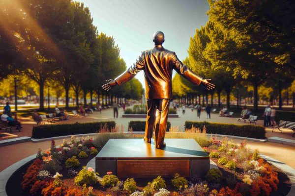 An ultra high definition image of a symbolic representation to honor a renowned social influence. The image features a bronze statue placed in the center of a public park. The figure symbolizes strides in social movements, leadership, and inspirational values. It stands tall, arms outstretched, gazing into the distance towards a happier, more equitable world. The earthy color of the bronze shines under the warm sun, surrounded by vibrant greenery and flowers, inspiring people passing by. The image speaks of respect, reverence, and admiration for the social change this figure represents.