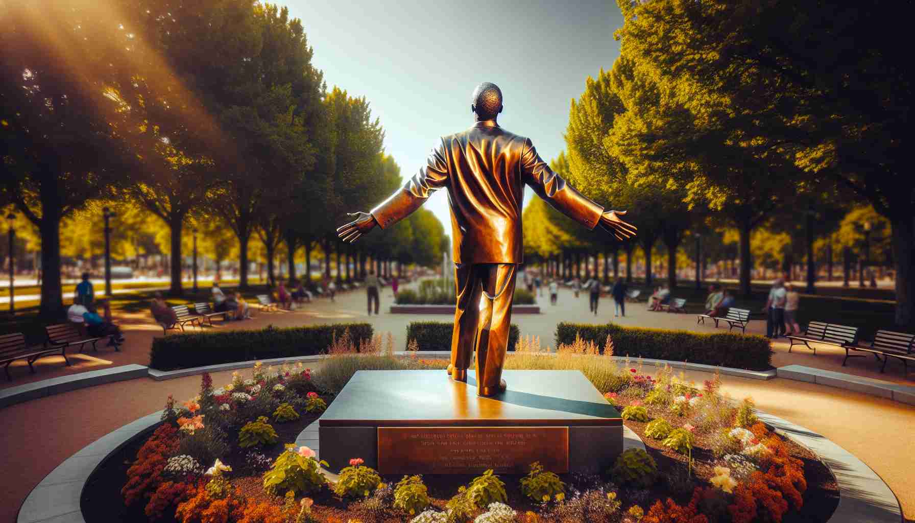 An ultra high definition image of a symbolic representation to honor a renowned social influence. The image features a bronze statue placed in the center of a public park. The figure symbolizes strides in social movements, leadership, and inspirational values. It stands tall, arms outstretched, gazing into the distance towards a happier, more equitable world. The earthy color of the bronze shines under the warm sun, surrounded by vibrant greenery and flowers, inspiring people passing by. The image speaks of respect, reverence, and admiration for the social change this figure represents.