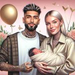 An HD photo showcasing two famous figures as they celebrate a new chapter of their life. The man has tattoos and a trendy style, featuring a haircut with short sides and blond hair on top. The woman is a slim blonde with high cheekbones, often seen in street-style fashion. They are holding their first child, a newborn baby wrapped in a soft blanket, surrounded by subtle signs of celebration, like balloons and flowers. Requested in a realistic style.