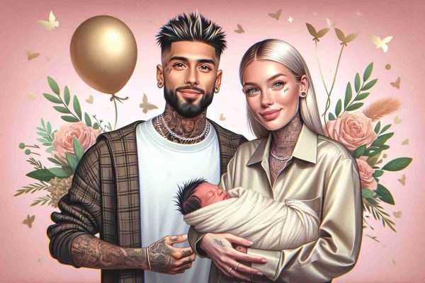 An HD photo showcasing two famous figures as they celebrate a new chapter of their life. The man has tattoos and a trendy style, featuring a haircut with short sides and blond hair on top. The woman is a slim blonde with high cheekbones, often seen in street-style fashion. They are holding their first child, a newborn baby wrapped in a soft blanket, surrounded by subtle signs of celebration, like balloons and flowers. Requested in a realistic style.