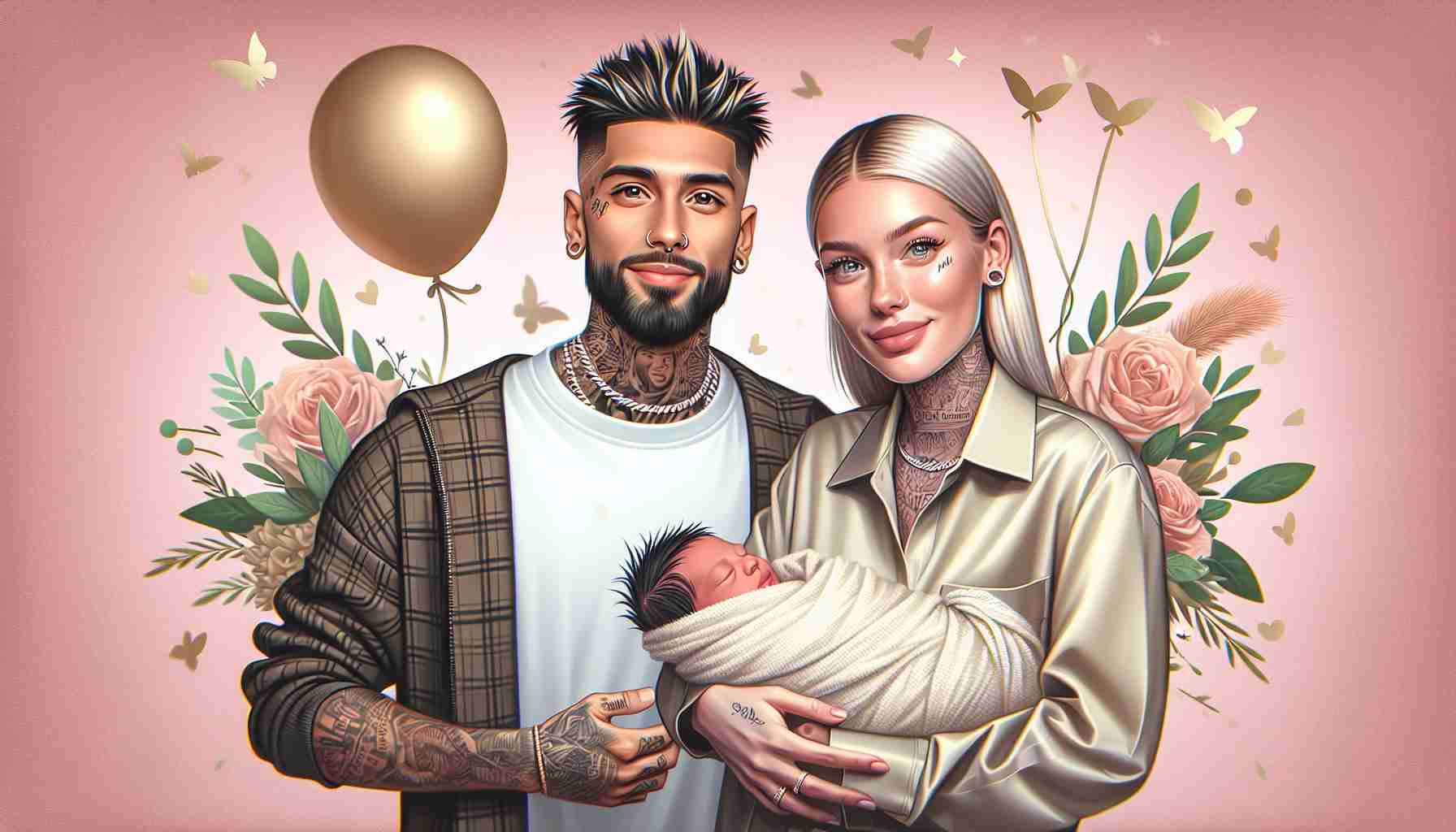 An HD photo showcasing two famous figures as they celebrate a new chapter of their life. The man has tattoos and a trendy style, featuring a haircut with short sides and blond hair on top. The woman is a slim blonde with high cheekbones, often seen in street-style fashion. They are holding their first child, a newborn baby wrapped in a soft blanket, surrounded by subtle signs of celebration, like balloons and flowers. Requested in a realistic style.