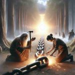 A realistic high-definition image of a metaphorical representation of Healing Generational Wounds. The picture shows a broken chain being welded back together, in the middle of an old forest, as an elder and a young person, both of Asian descent, are working side by side on it. The elder, a female, is passing the knowledge to the younger person, a male, reflecting the idea of forgiveness. In the background, a sunrise is painting the scene in warm colors, symbolizing redemption and a new beginning.