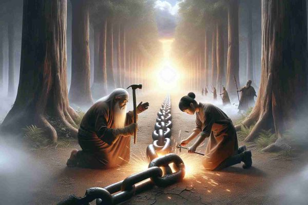 A realistic high-definition image of a metaphorical representation of Healing Generational Wounds. The picture shows a broken chain being welded back together, in the middle of an old forest, as an elder and a young person, both of Asian descent, are working side by side on it. The elder, a female, is passing the knowledge to the younger person, a male, reflecting the idea of forgiveness. In the background, a sunrise is painting the scene in warm colors, symbolizing redemption and a new beginning.