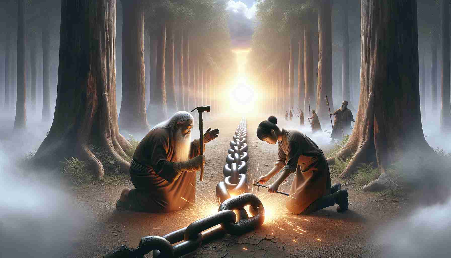 A realistic high-definition image of a metaphorical representation of Healing Generational Wounds. The picture shows a broken chain being welded back together, in the middle of an old forest, as an elder and a young person, both of Asian descent, are working side by side on it. The elder, a female, is passing the knowledge to the younger person, a male, reflecting the idea of forgiveness. In the background, a sunrise is painting the scene in warm colors, symbolizing redemption and a new beginning.