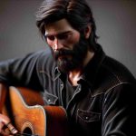 A realistic HD image of a well-remembered male musician with a passion for storytelling through his lyrics. The man in focus is skilled in playing the guitar, with a rugged physique, long hair, thick beard, and a fondness for wearing all-black outfits. He should appear as if he's deep in thought, perhaps contemplating his next song's lyrics, with a guitar resting nearby.