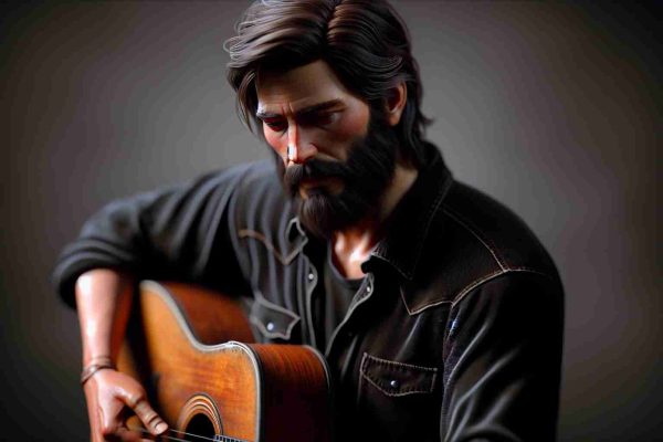 A realistic HD image of a well-remembered male musician with a passion for storytelling through his lyrics. The man in focus is skilled in playing the guitar, with a rugged physique, long hair, thick beard, and a fondness for wearing all-black outfits. He should appear as if he's deep in thought, perhaps contemplating his next song's lyrics, with a guitar resting nearby.