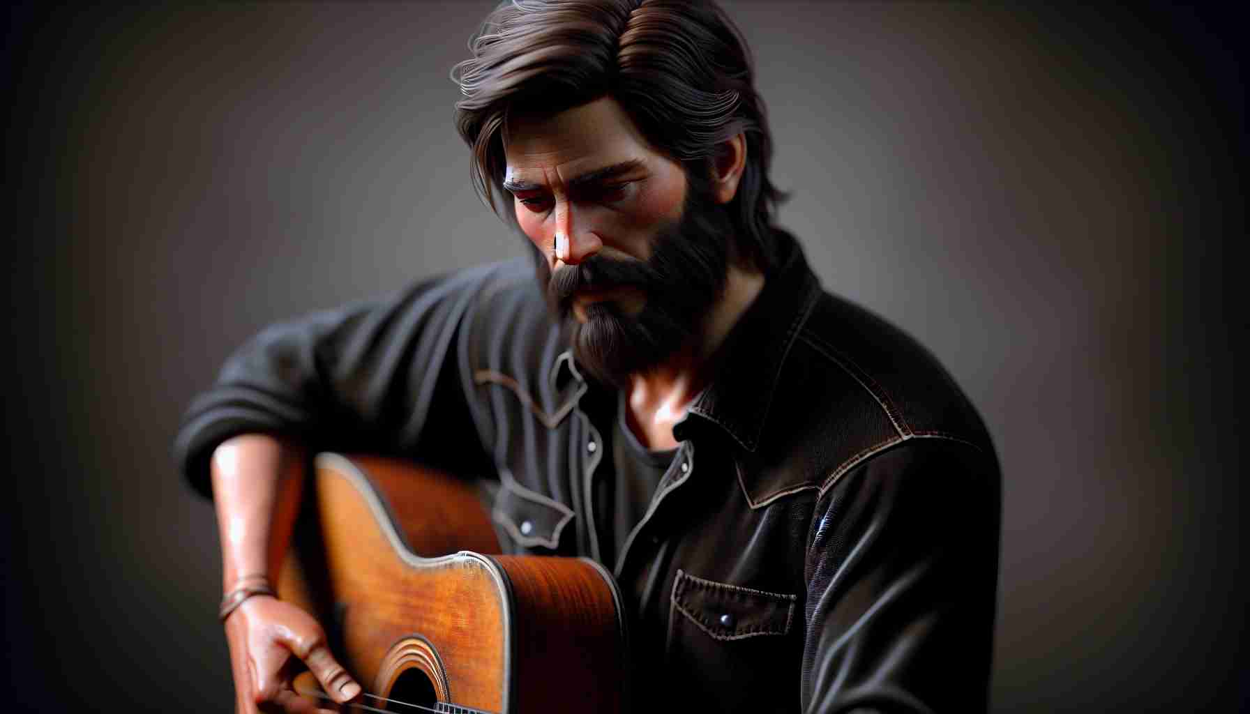 A realistic HD image of a well-remembered male musician with a passion for storytelling through his lyrics. The man in focus is skilled in playing the guitar, with a rugged physique, long hair, thick beard, and a fondness for wearing all-black outfits. He should appear as if he's deep in thought, perhaps contemplating his next song's lyrics, with a guitar resting nearby.