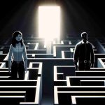 Illustrate a high-definition, realistic image that metaphorically represents the challenges faced by victims of harassment. The scene should capture a Caucasian female and a Black male standing in a maze, symbolizing the complexity and difficulties. They should have expressions of determination and resilience on their faces. Surroundings may involve relative darkness, yet a faint light at the end of the maze to portray hope. Please avoid graphical violence or any degrading imagery.