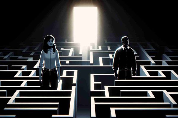 Illustrate a high-definition, realistic image that metaphorically represents the challenges faced by victims of harassment. The scene should capture a Caucasian female and a Black male standing in a maze, symbolizing the complexity and difficulties. They should have expressions of determination and resilience on their faces. Surroundings may involve relative darkness, yet a faint light at the end of the maze to portray hope. Please avoid graphical violence or any degrading imagery.