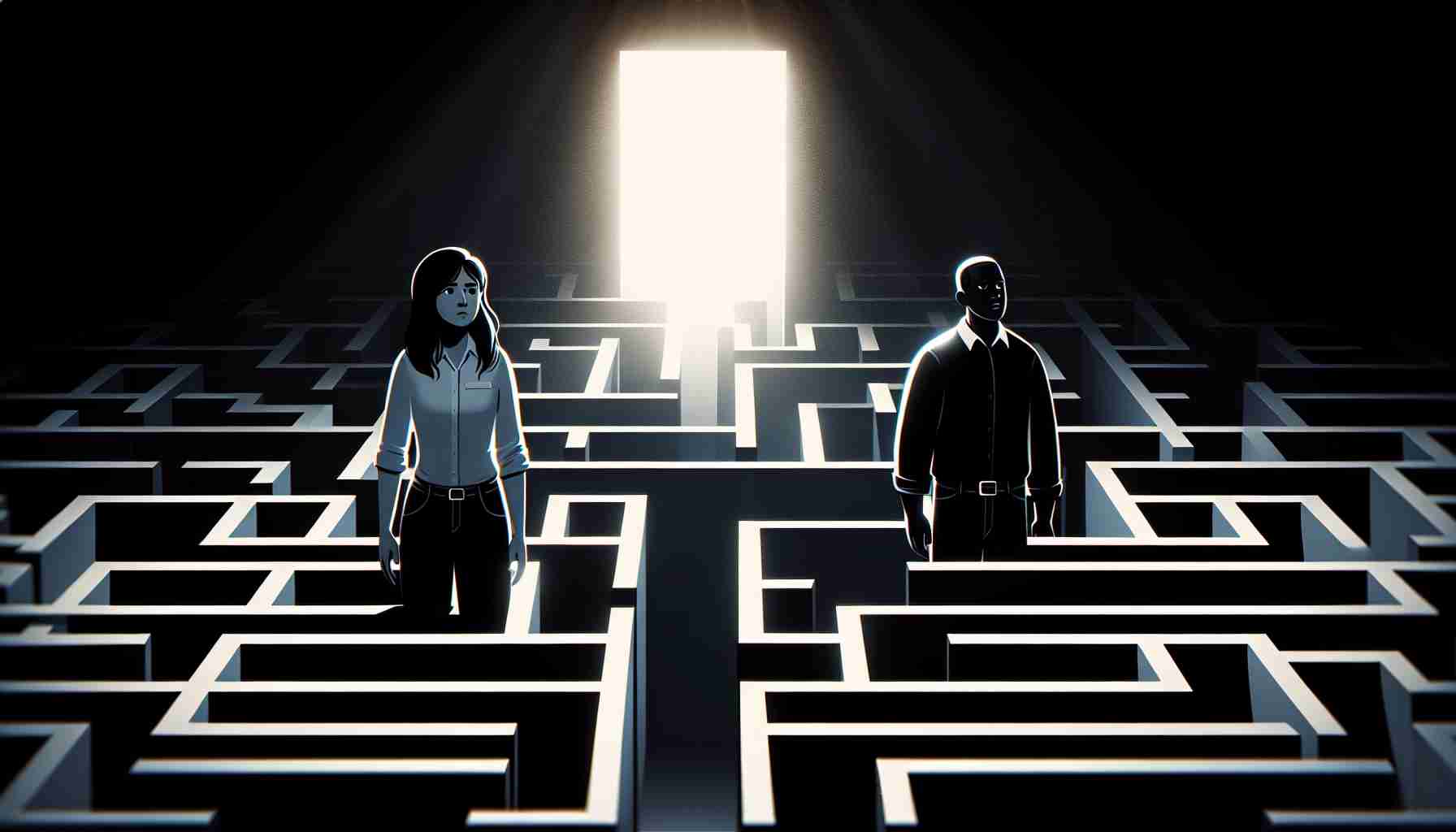 Illustrate a high-definition, realistic image that metaphorically represents the challenges faced by victims of harassment. The scene should capture a Caucasian female and a Black male standing in a maze, symbolizing the complexity and difficulties. They should have expressions of determination and resilience on their faces. Surroundings may involve relative darkness, yet a faint light at the end of the maze to portray hope. Please avoid graphical violence or any degrading imagery.