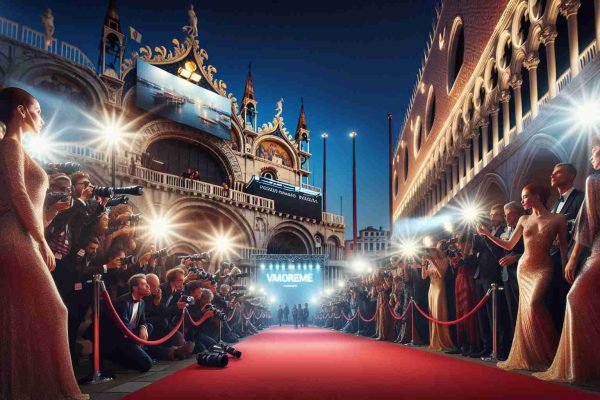 Immerse yourself into the world of cinema at a major film festival. In the heart of the romantic city of Venice, Italy, red carpets and flashlights pave the way to various movie premieres. Enthusiastic movie-goers of various descents and genders are eagerly waiting from morning till night, expressing their anticipation and excitement. Glamorous individuals of different genders are presenting their exquisite outfits. You can see press cameras, official banners, and the glow of big screens illuminating the night. It's an event where the magic of the celluloid world meets the great Belle Époque architecture of the city. The image captures this atmosphere in HD, radiating a realistic vibe.