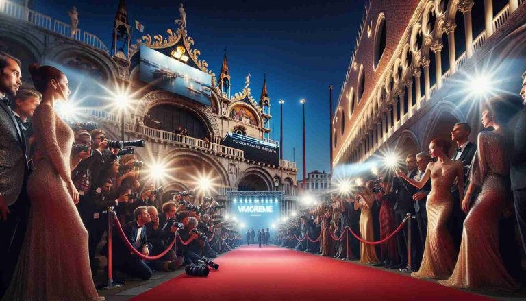 Immerse yourself into the world of cinema at a major film festival. In the heart of the romantic city of Venice, Italy, red carpets and flashlights pave the way to various movie premieres. Enthusiastic movie-goers of various descents and genders are eagerly waiting from morning till night, expressing their anticipation and excitement. Glamorous individuals of different genders are presenting their exquisite outfits. You can see press cameras, official banners, and the glow of big screens illuminating the night. It's an event where the magic of the celluloid world meets the great Belle Époque architecture of the city. The image captures this atmosphere in HD, radiating a realistic vibe.