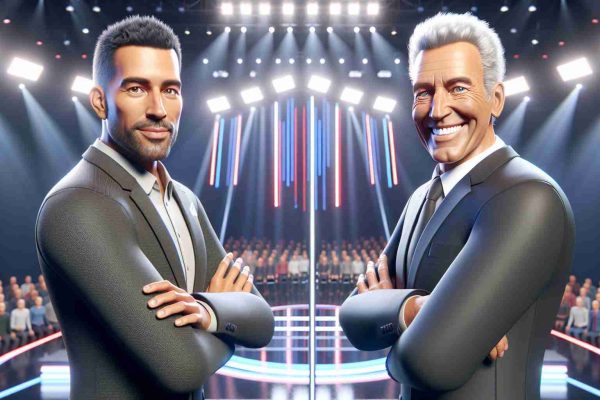 A realistic high definition image of a generic broadcast featuring two television show hosts engaging in a face-off. They stand on opposing sides of a stage. One is a middle-aged, tall, Hispanic man with short black hair, wearing a casual suit. The other is an older, short Caucasian man, with white hair and a broad smile, wearing a more formal suit. The stage is elaborate and bright, adorned with colorful lights, creating a dynamic and competitive atmosphere.