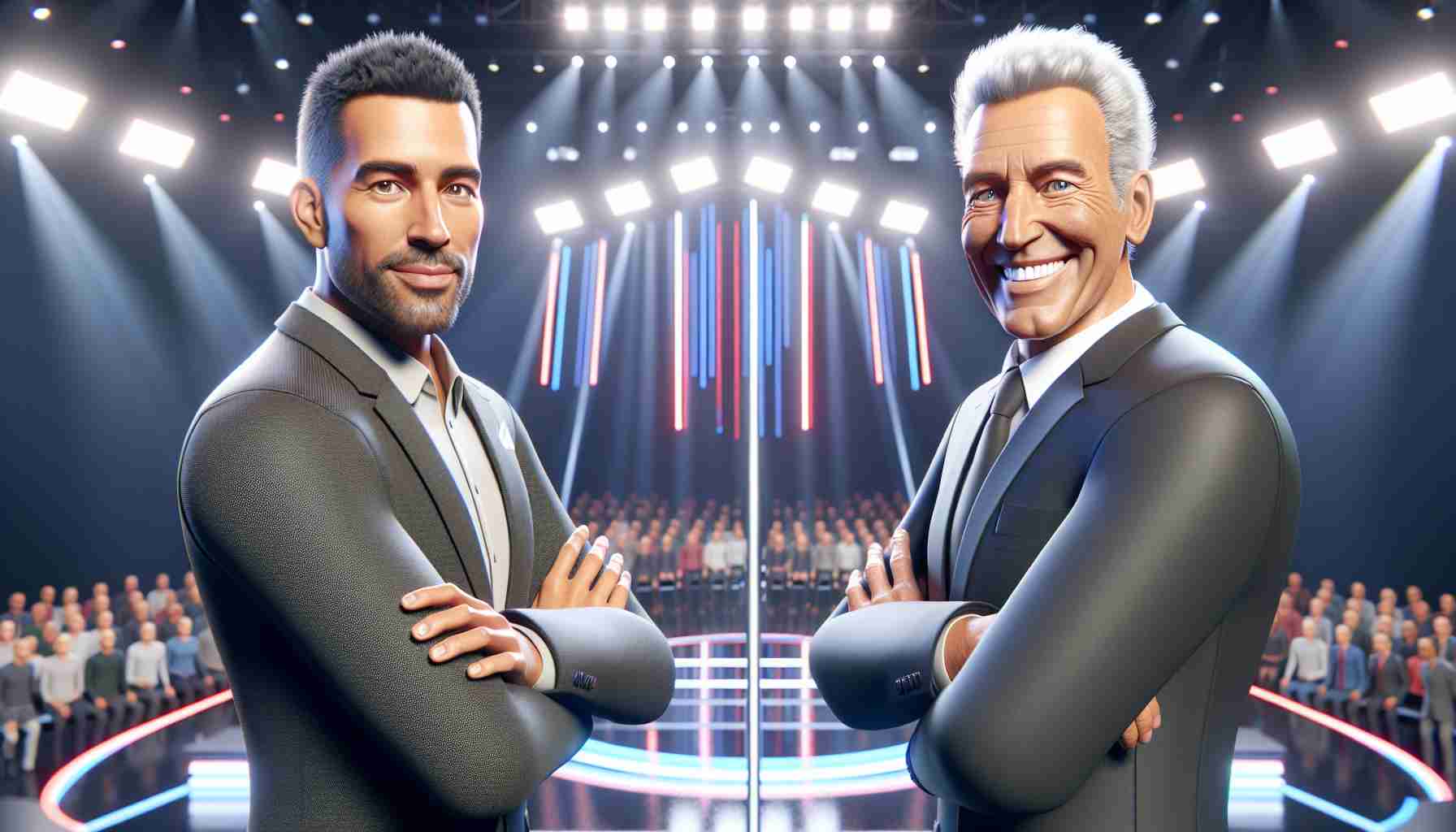 A realistic high definition image of a generic broadcast featuring two television show hosts engaging in a face-off. They stand on opposing sides of a stage. One is a middle-aged, tall, Hispanic man with short black hair, wearing a casual suit. The other is an older, short Caucasian man, with white hair and a broad smile, wearing a more formal suit. The stage is elaborate and bright, adorned with colorful lights, creating a dynamic and competitive atmosphere.