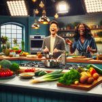 A high-definition, realistic photograph that captures a scene from a new cooking show that has become incredibly popular. The scene depicts a vibrant kitchen set, with a wide array of fresh ingredients laid out on a sleek countertop. The show's female Black host and her Asian male co-host are laughing and engaging in friendly banter, preparing a scrumptious meal. There's a palpable excitement in the air, reflecting the show's popularity and the waves it's creating in the culinary world. Bright studio lights illuminate the set, casting gleaming reflections on the polished pots and pans.