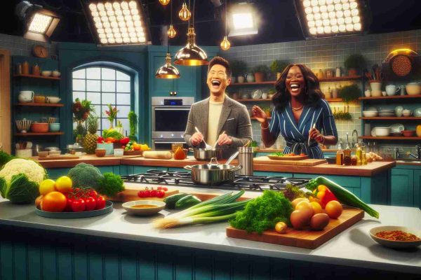 A high-definition, realistic photograph that captures a scene from a new cooking show that has become incredibly popular. The scene depicts a vibrant kitchen set, with a wide array of fresh ingredients laid out on a sleek countertop. The show's female Black host and her Asian male co-host are laughing and engaging in friendly banter, preparing a scrumptious meal. There's a palpable excitement in the air, reflecting the show's popularity and the waves it's creating in the culinary world. Bright studio lights illuminate the set, casting gleaming reflections on the polished pots and pans.