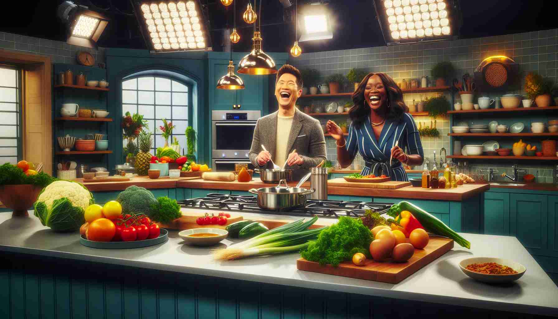 A high-definition, realistic photograph that captures a scene from a new cooking show that has become incredibly popular. The scene depicts a vibrant kitchen set, with a wide array of fresh ingredients laid out on a sleek countertop. The show's female Black host and her Asian male co-host are laughing and engaging in friendly banter, preparing a scrumptious meal. There's a palpable excitement in the air, reflecting the show's popularity and the waves it's creating in the culinary world. Bright studio lights illuminate the set, casting gleaming reflections on the polished pots and pans.