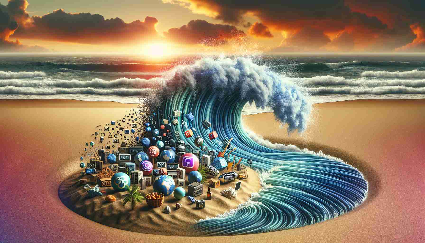 Create a high-definition, realistic image representing the concept of a new wave of entertainment shifting audience preferences. This scene could involve a metaphorical wave composed of various forms of modern entertainment - such as streaming services, podcasts, and virtual reality games - crashing onto a beach, changing the sand into new colors or patterns to represent shifting preferences. The background could showcase a sunset, symbolizing the decline of traditional forms of entertainment.