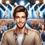 Detailed and realistic high definition illustration of a male TV personality with a charming smile and casual style, taking the television industry by storm. He is under the bright lights of a studio, surrounded by clapping audience and in front of multiple big screens showing his image.