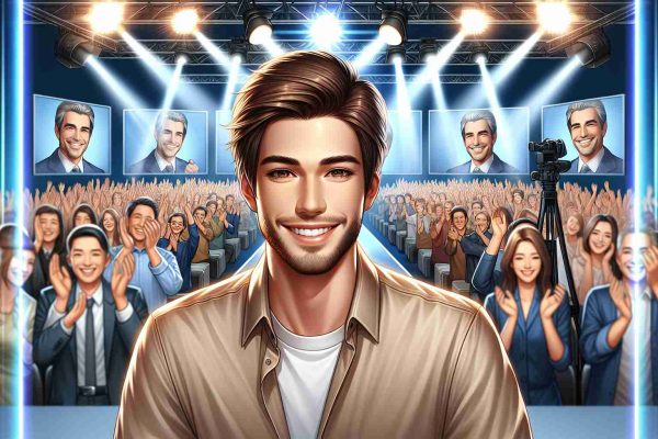 Detailed and realistic high definition illustration of a male TV personality with a charming smile and casual style, taking the television industry by storm. He is under the bright lights of a studio, surrounded by clapping audience and in front of multiple big screens showing his image.