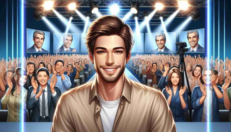 Detailed and realistic high definition illustration of a male TV personality with a charming smile and casual style, taking the television industry by storm. He is under the bright lights of a studio, surrounded by clapping audience and in front of multiple big screens showing his image.