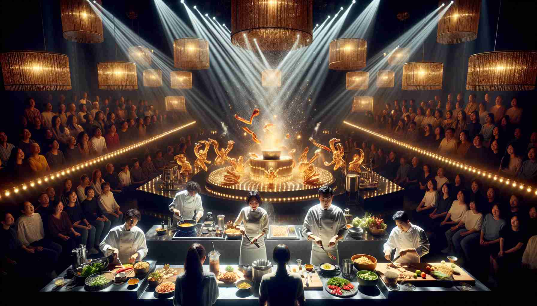 High-definition realistic image of a captivating culinary show captivating an array of audiences through various channels. This image depicts a luminously decorated stage with dazzling lights and an elaborate kitchen setup. The central spotlight falls on the cooking station where a charismatic Asian female chef and a charismatic Hispanic male chef are briskly involved in slicing, dicing and frantically preparing an elaborate, mouth-watering meal. The audience, consisting of people from different descents, is seen in the dimly lit foreground, their faces reflecting the captivated expressions and anticipation of the delish feast being prepared.