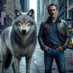 Generate a realistic, high-definition image representing the concept of 'Wolfish Ambitions': It portrays an unlikely duo in the bustling streets of New York. This duo comprises of a wild, but friendly wolf and a determined, middle-aged Hispanic man. The wolf's fur is grey with hints of white, reflecting its agile and wild nature, while the man is dressed in casual blue jeans and a black leather jacket, with a dignified expression that speaks of his ambitions. They stand side by side, creating a striking contrast against the backdrop of busy New York City streets, skyscrapers and yellow taxis.